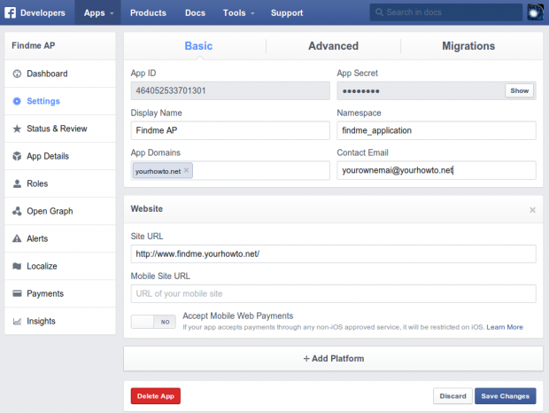 Facebook App Settings